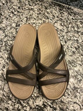 CROCS Brown and Tan Women's Slide Sandals